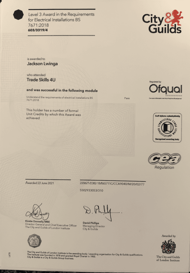 City & Guilds Level 3 Award in the Requirements for Electrical Installations BS 7671:2018, awarded to Jackson Lwinga in June 2021