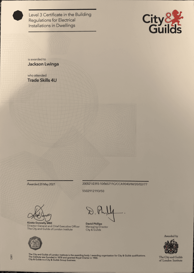 City & Guilds Level 3 Certificate in the Building Regulations for Electrical Installations in Dwellings, awarded to Jackson Lwinga in May 2021