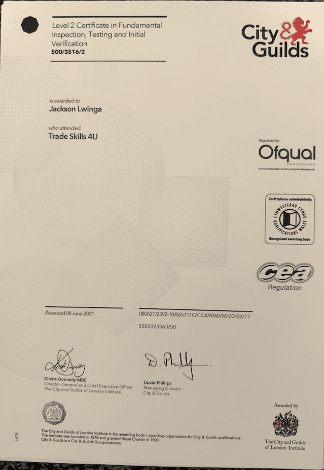 City & Guilds Level 2 Certificate in Fundamental Inspection, Testing and Initial Verification, awarded to Jackson Lwinga in June 2021