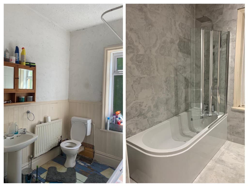 Bathroom renovation comparison, from a dated room to a tiled bath with a glass screen